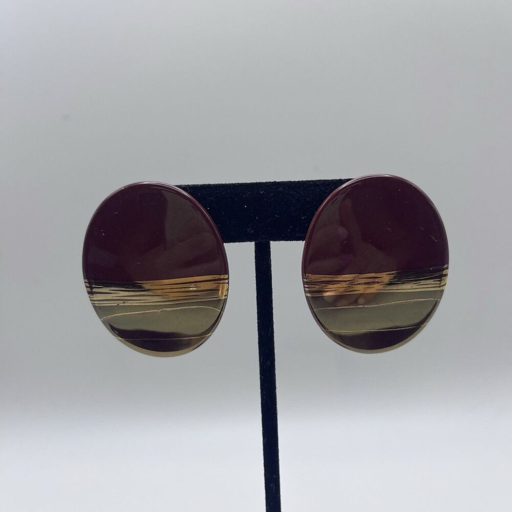 Retro Earrings Gold Maroon Brown Ceramic Oval 1980’s Style Oval Stud Vintage